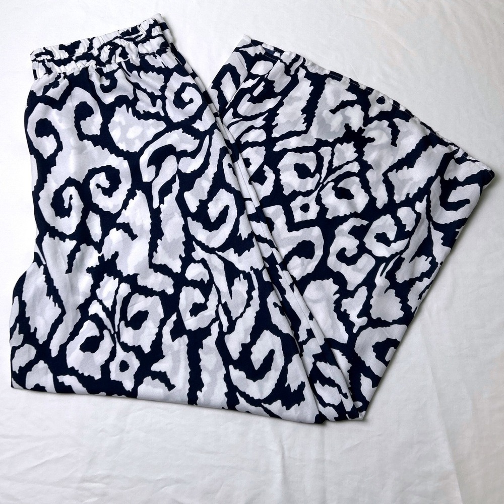 Soft Surroundings Women Abstract Scroll Wide Leg Pants Size M Navy White Coastal